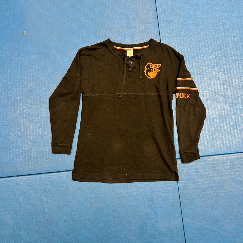 PINK Victoria's Secret Black Long Sleeve Tee with Orange Accents